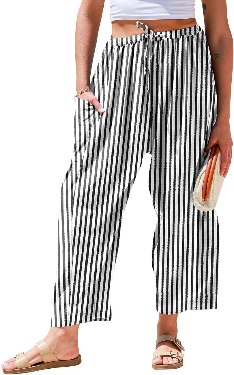 TARSE Womens Wide Leg Striped Linen Pants with Pocket