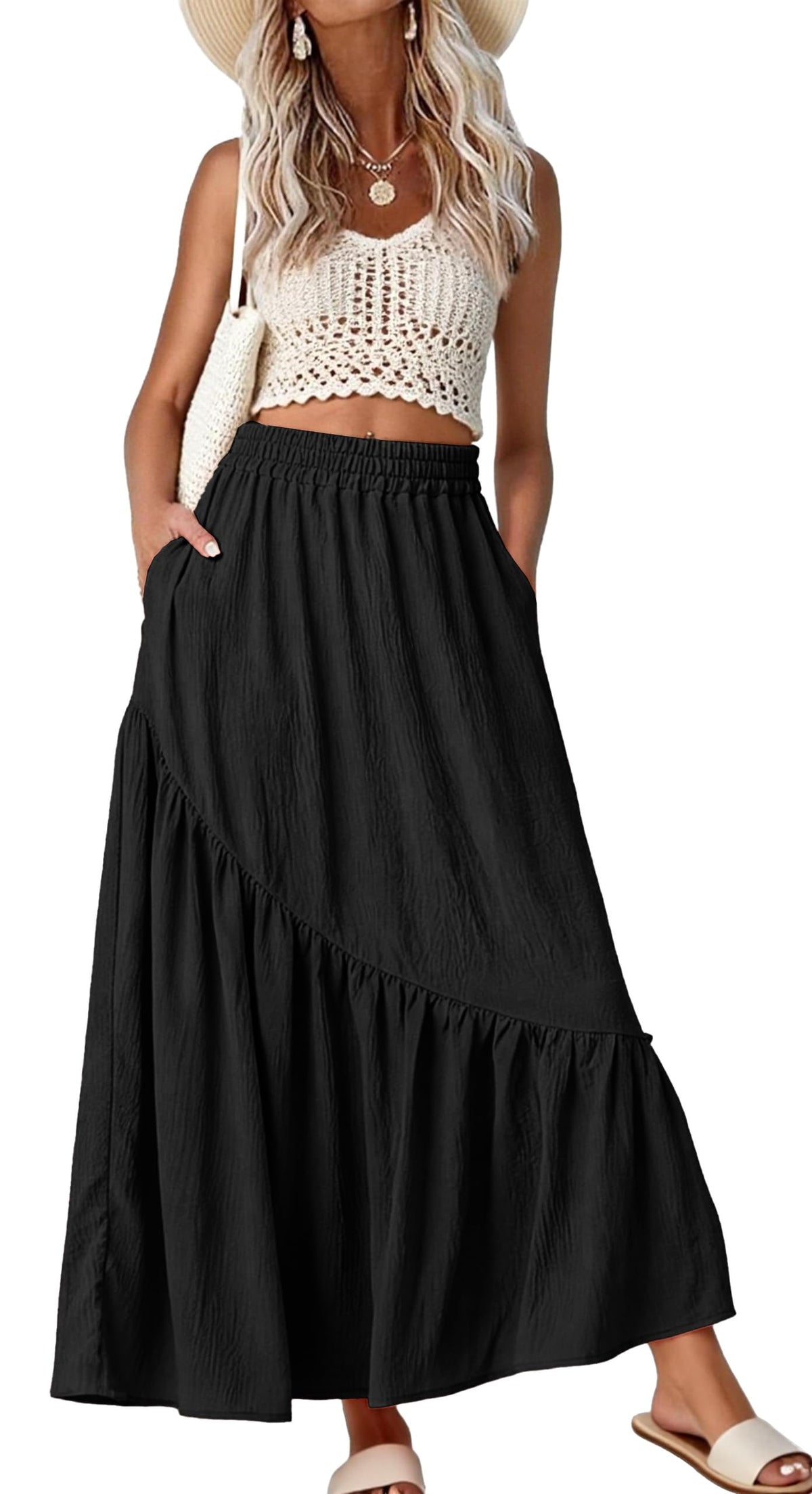GRECERELLE Women's Maxi Skirt High Waist Tiered A-Line with Pockets