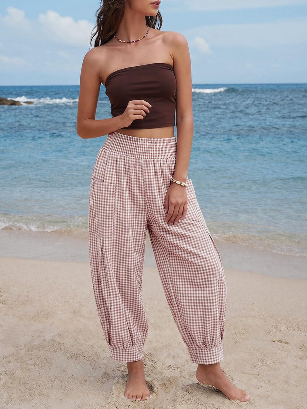 TARSE Women's Linen Gingham Pants Baggy High Waist Palazzo Pants
