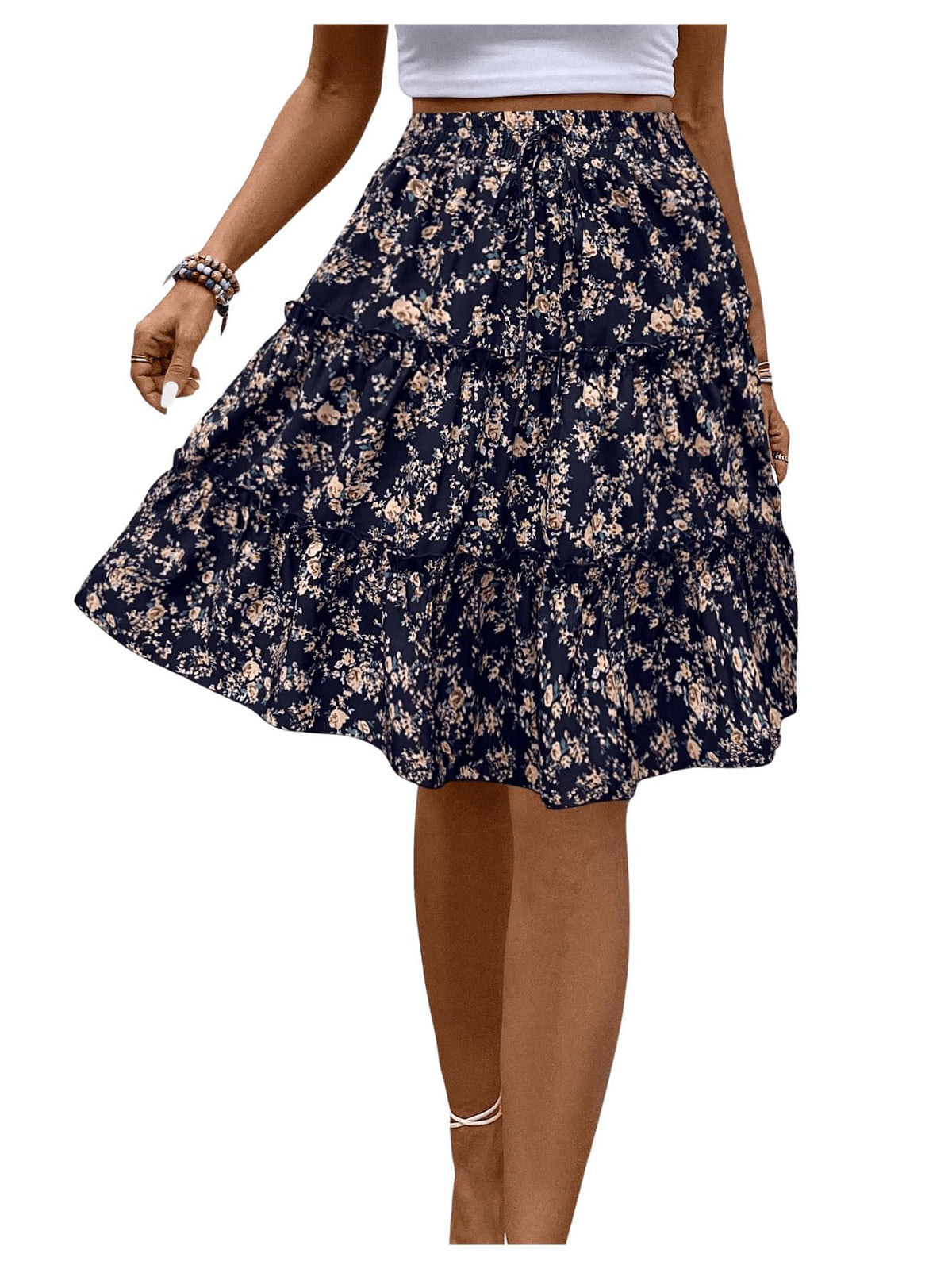 WDIRARA Women's Floral Boho Ruffle Knee Length Summer Skirt