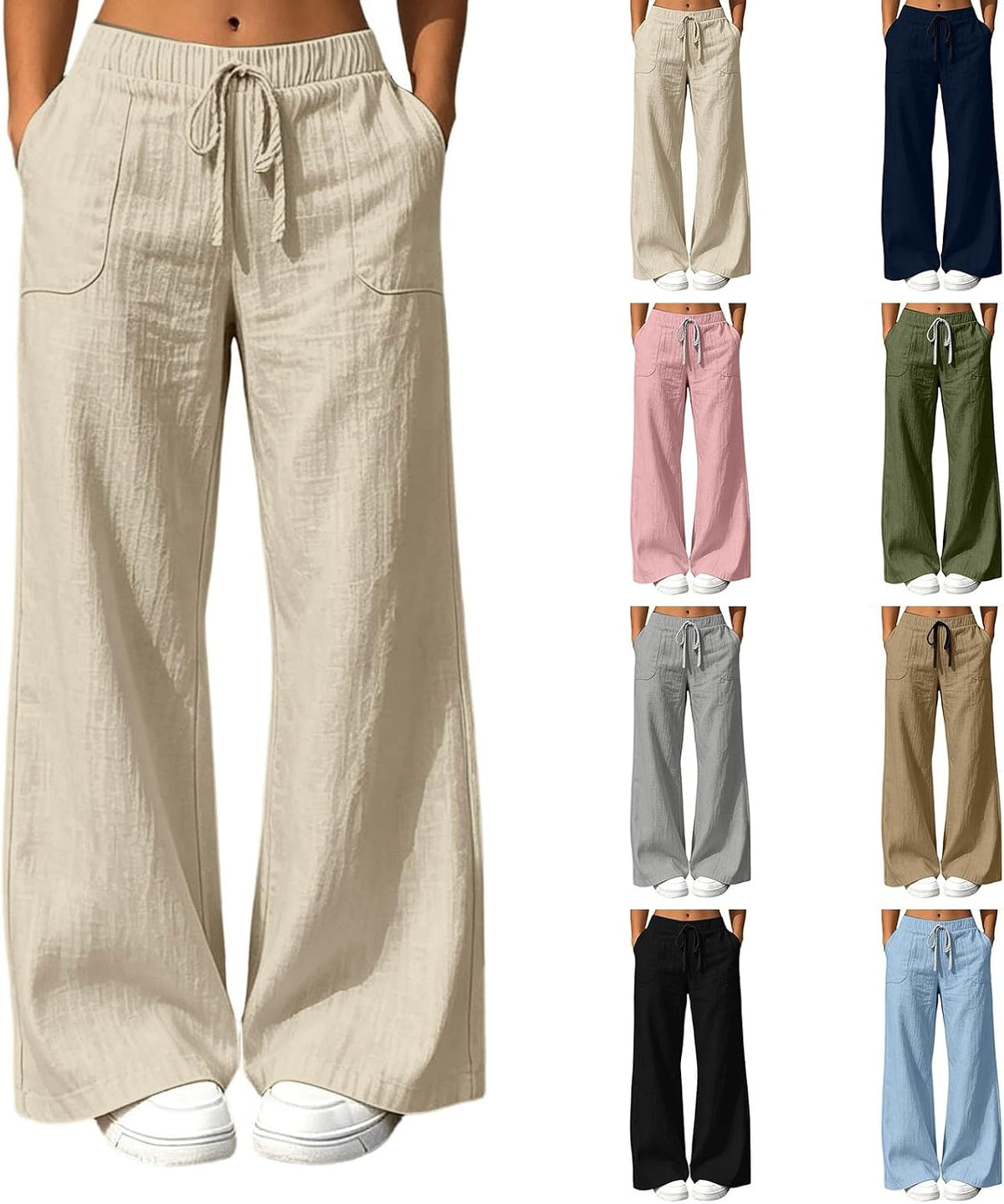 High Waisted Linen Pants Women Elastic Waist Wide Leg Flowy Lounge Pants Drawstring Palazzo Pant with Pockets