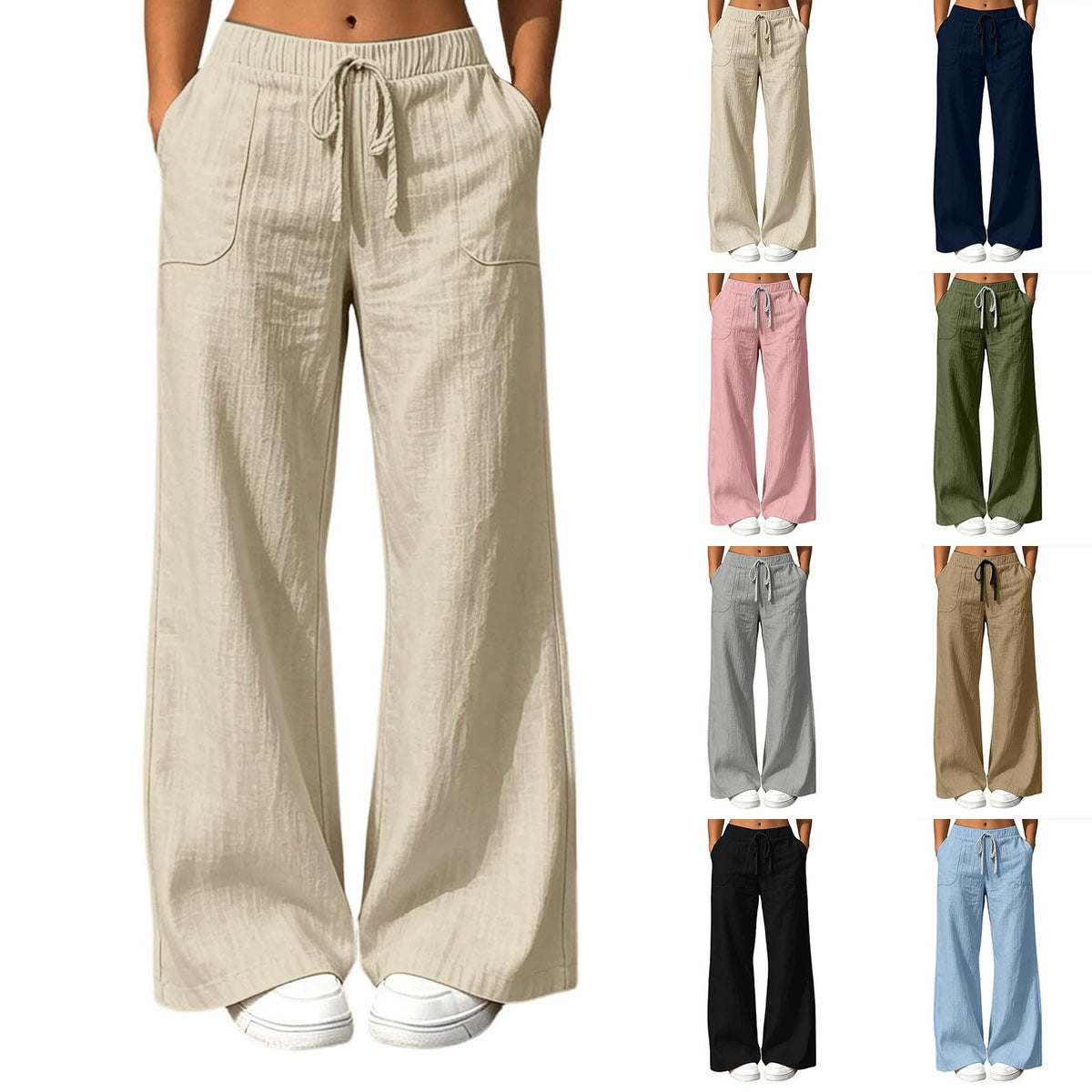 High Waisted Linen Pants Women Elastic Waist Wide Leg Flowy Lounge Pants Drawstring Palazzo Pant with Pockets