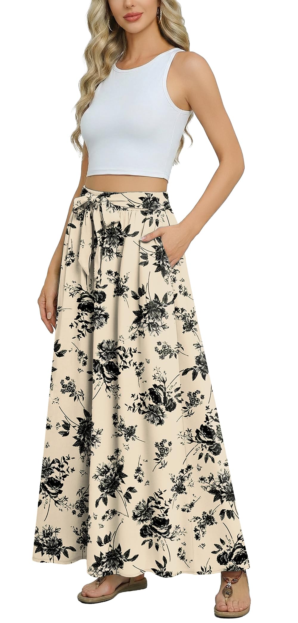 Askyes Womens Maxi Skirt Summer Trendy Tie Knot Elastic High Waisted Boho Casual Beach Flowy Swing Long Skirts with Pockets