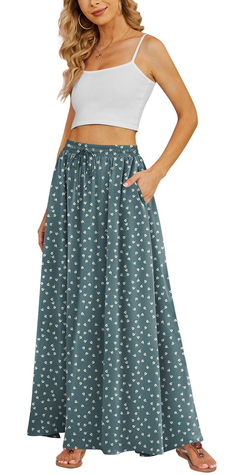 Yincro Women's Maxi Skirt Flowy High Waist Casual Long Skirts with Pockets