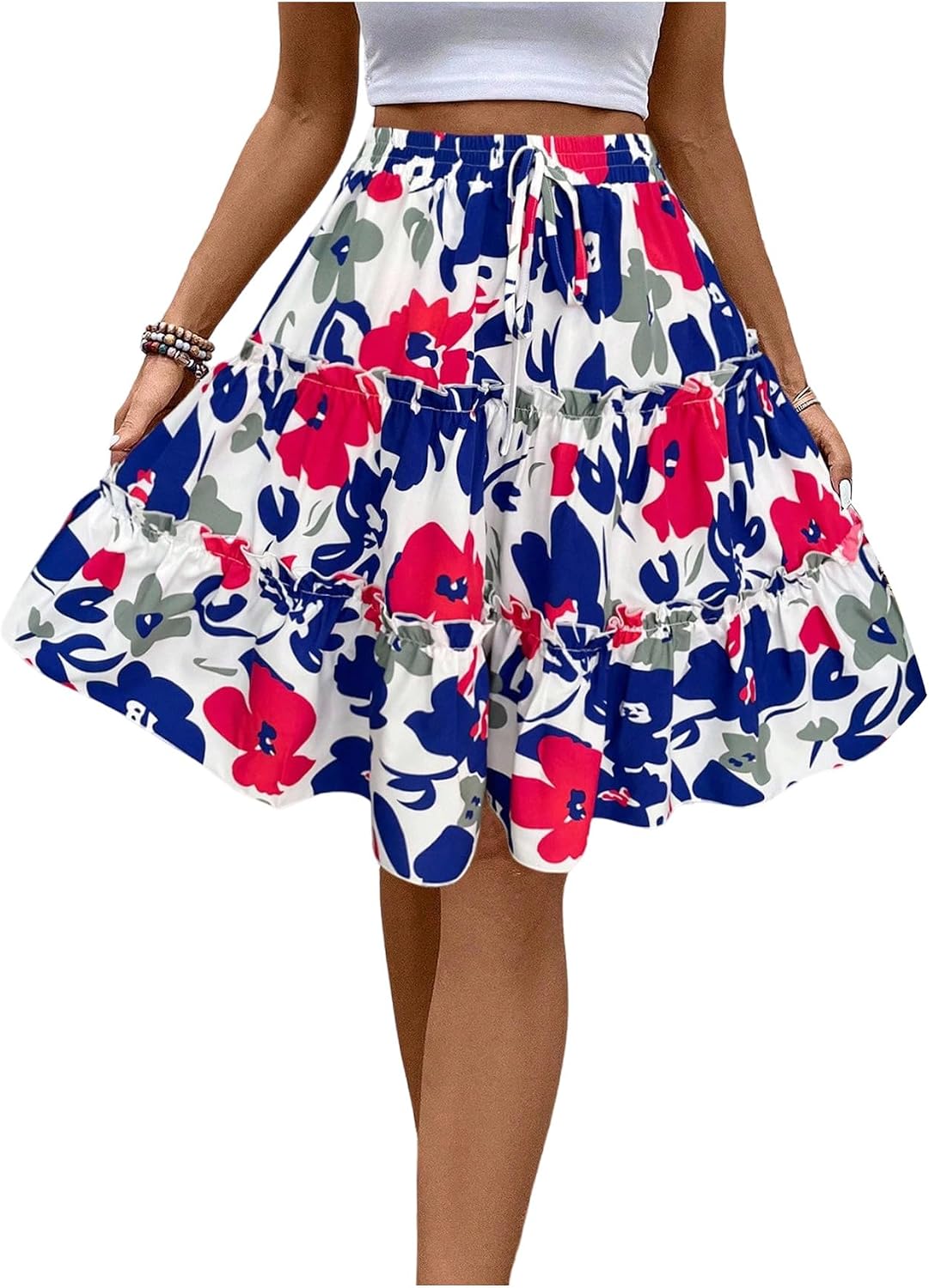 Verdusa Women's Boho Floral Tiered Ruffle Skirts Flowy Flared Summer Knee Length Midi Skirt