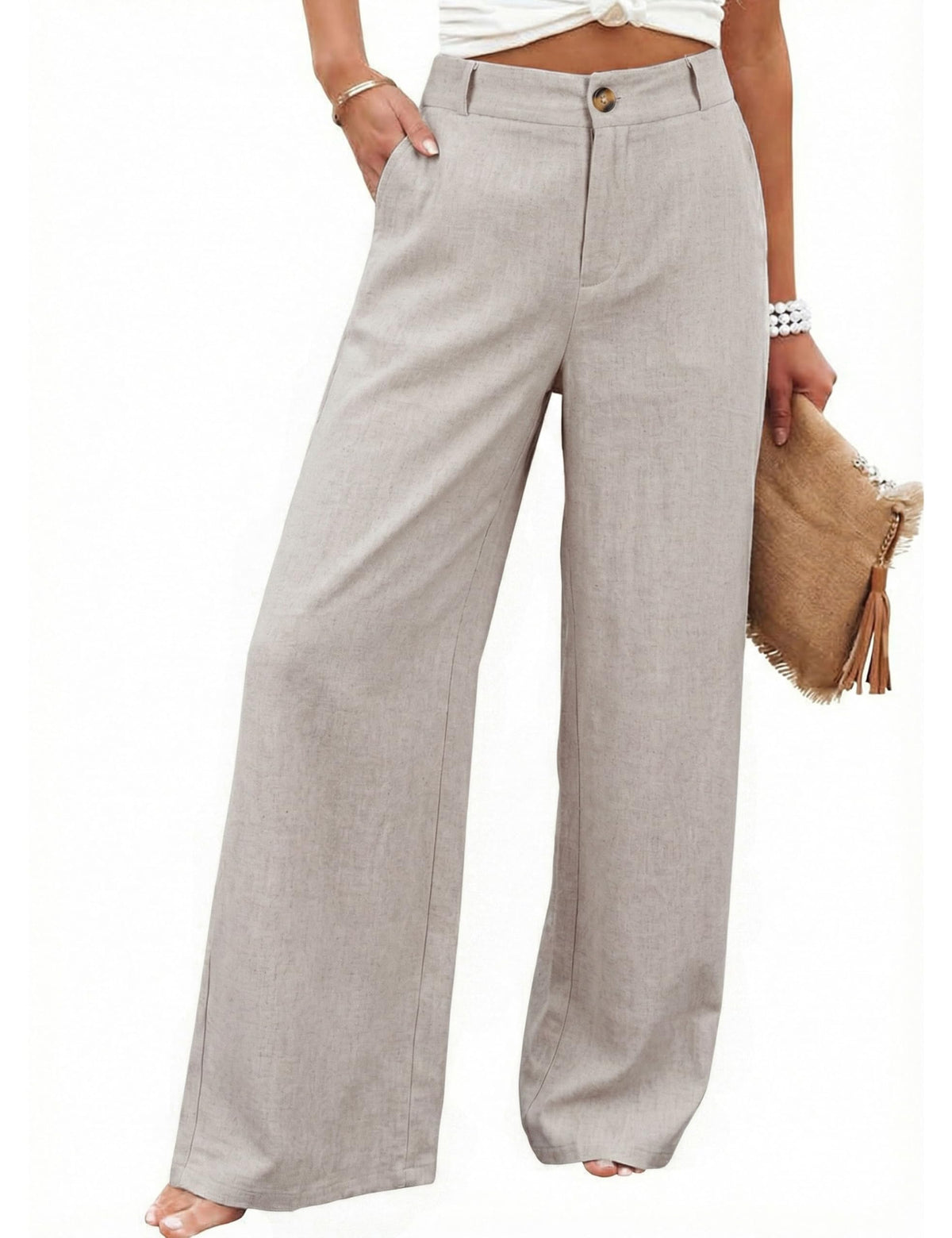Hooever Womens Cotton Linen Pants Casual Button Up High Waisted Wide Leg Trousers
