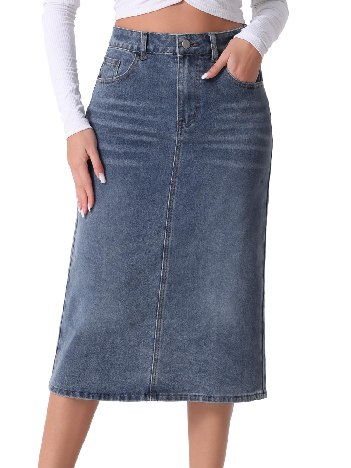 Allegra K Denim Pencil Skirts for Women High Waist Midi Casual Jean Skirt