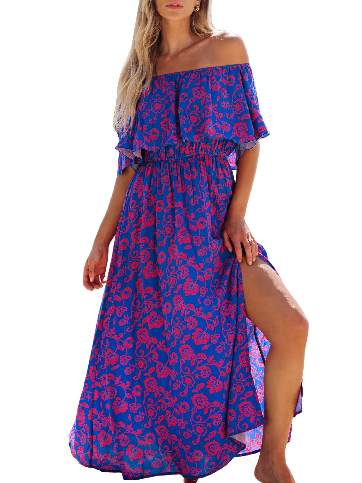 CUPSHE Womens Ruffle Floral Maxi Summer Dress Off Shoulder Beach Dress