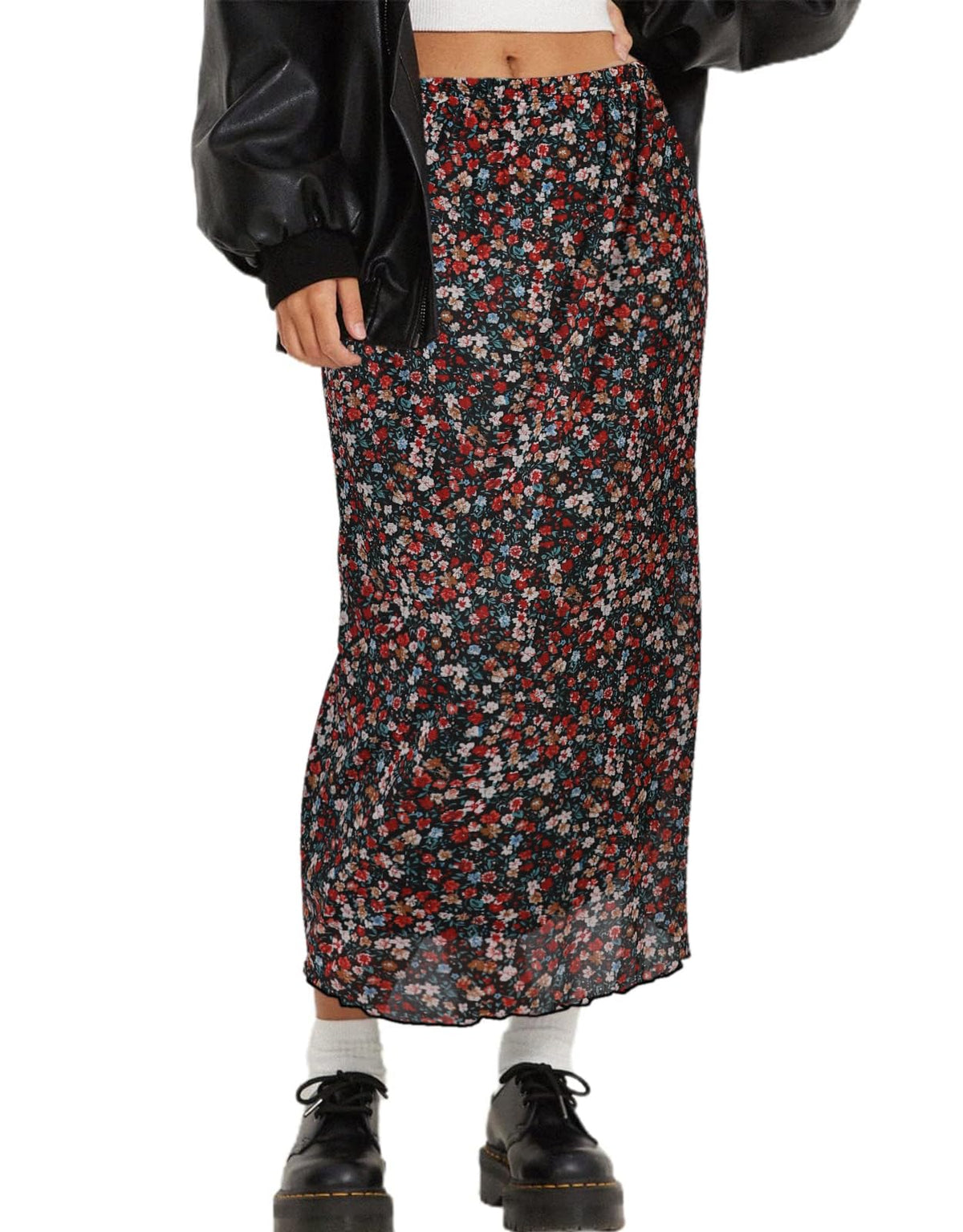 Avanova Women Mesh Floral Boho Midi Skirt High Waist Long Skirt