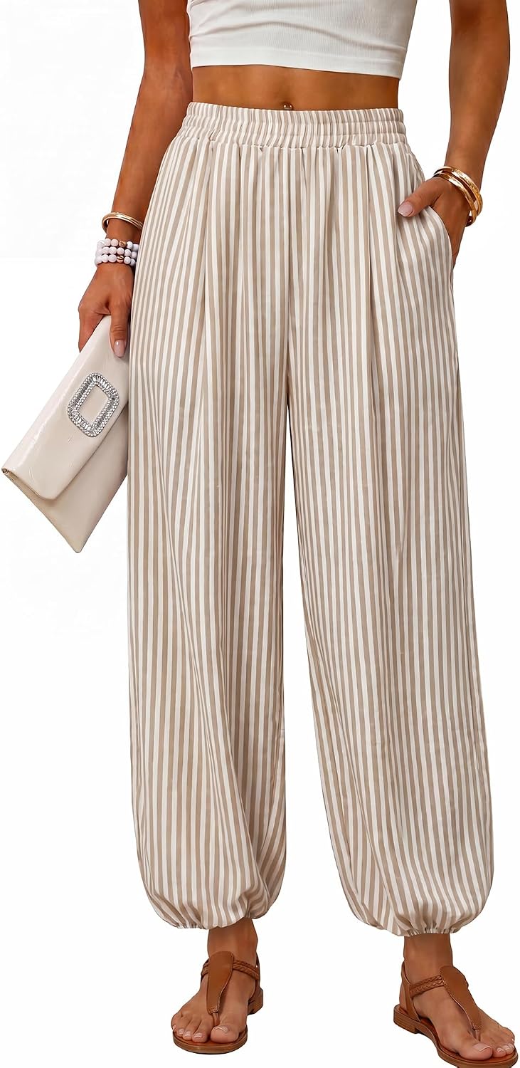 Sampeel Balloon Pants for Women Flowy High Waist Trousers with Pockets