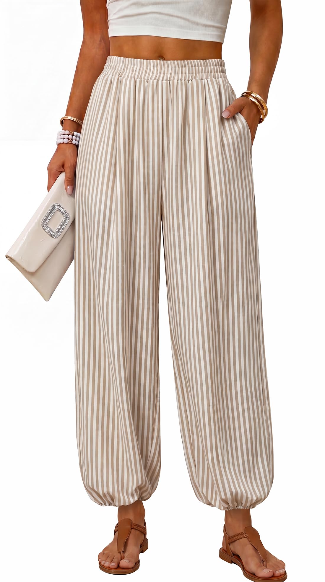 Sampeel Balloon Pants for Women Flowy High Waist Trousers with Pockets