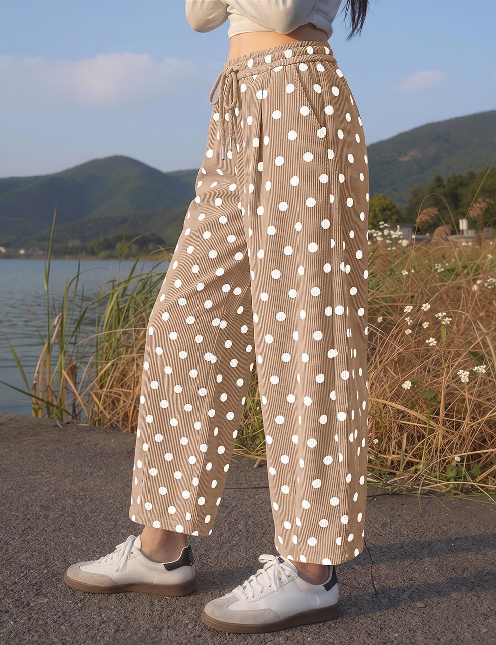 TARSE Women's Corduroy Barrel Pants Polka Dot Wide Leg Pants with Pockets