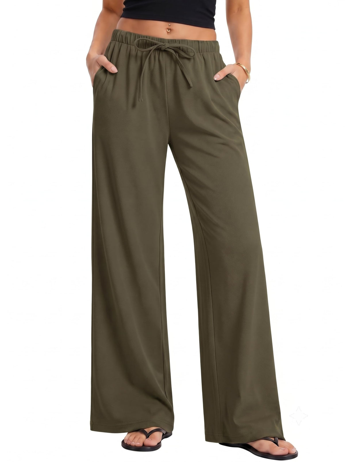 Micoson Womens Fall Wide Leg Crepe Pants Pull-On Work Trousers with Pockets