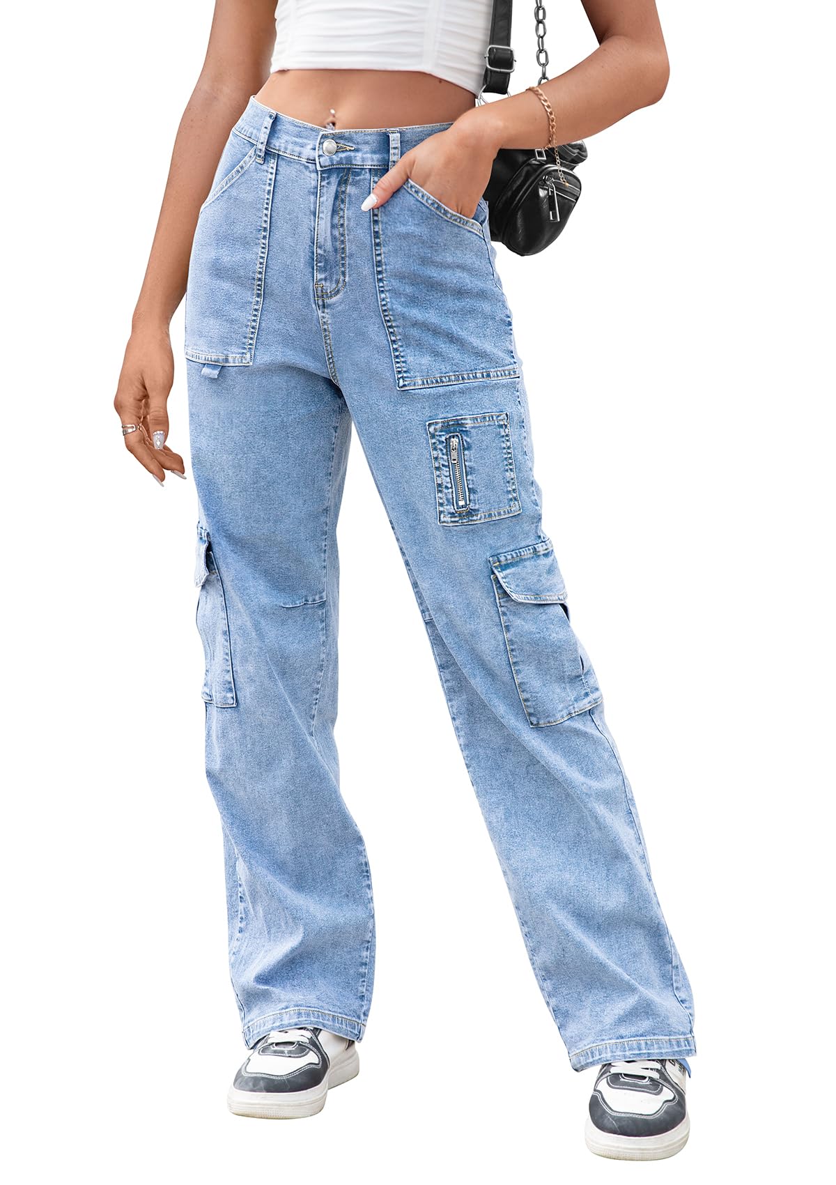 IVIR Cargo Pants Women High Waist Wide Leg Casual Pants with 7 Pockets Stretchy Drawstring Baggy Y2K Trousers