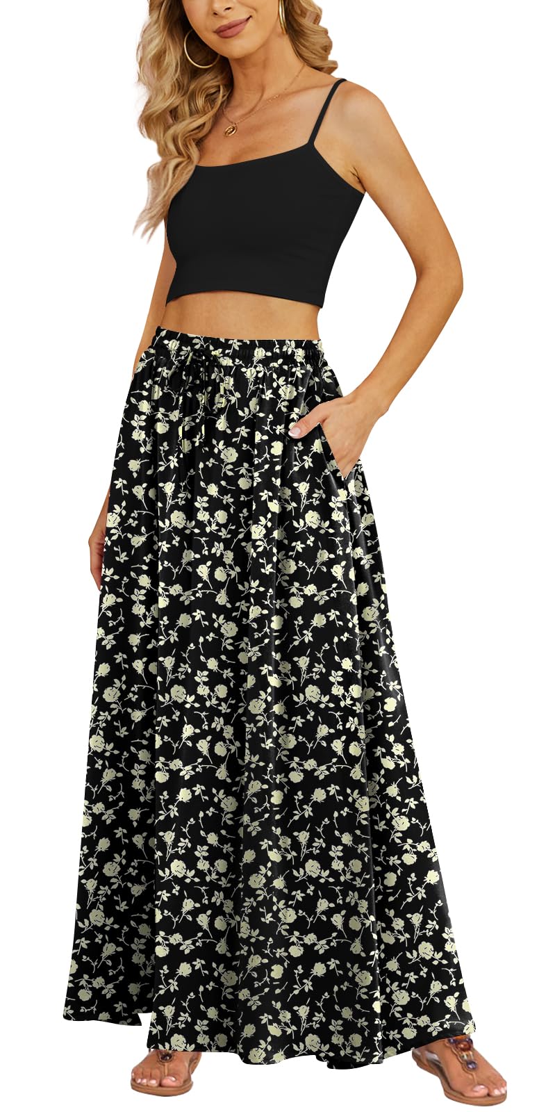 Yincro Women's Maxi Skirt Flowy High Waist Casual Long Skirts with Pockets