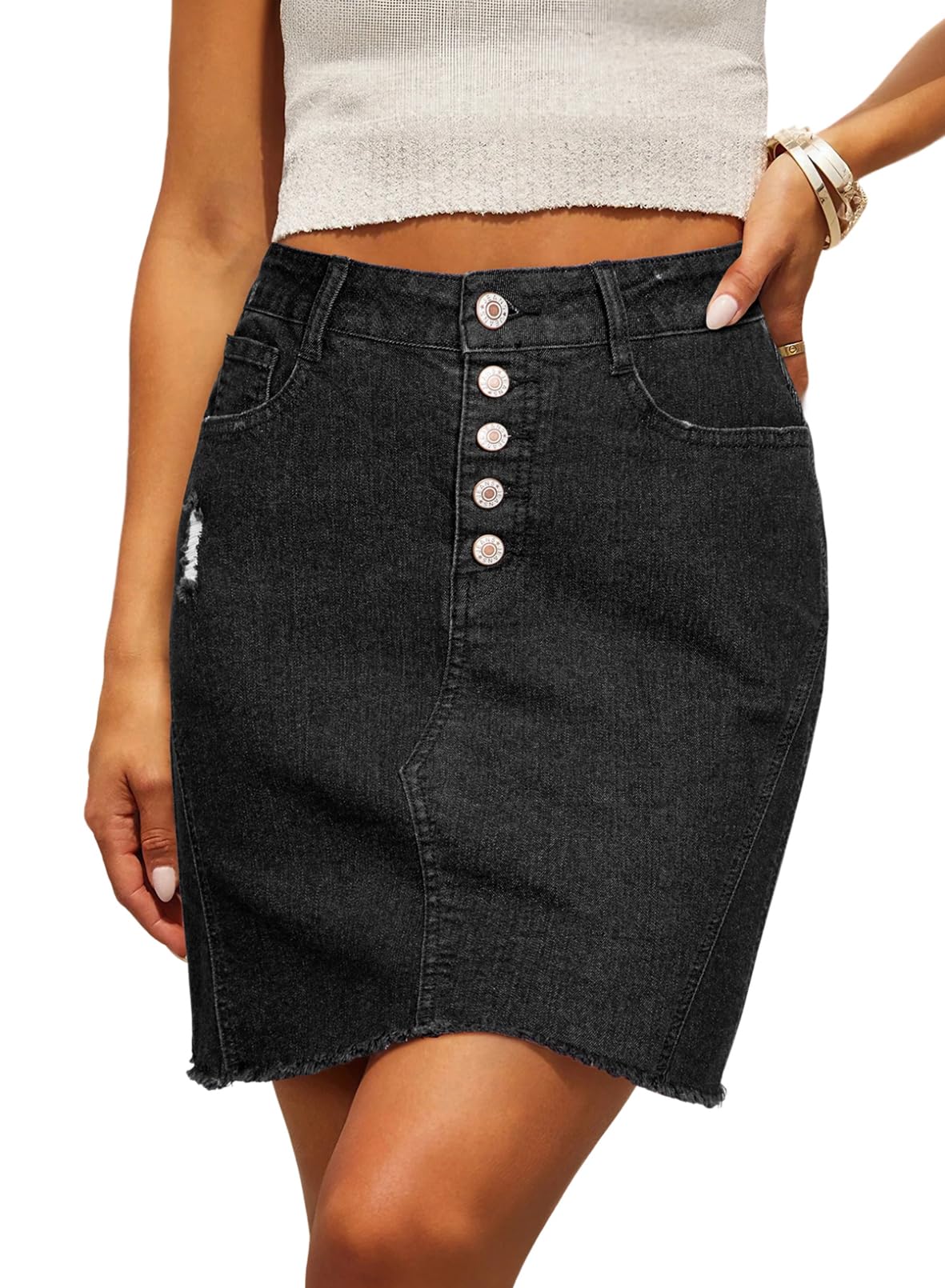Sidefeel Women's Jean Skirt StretchyButton Fly Denim Skirt