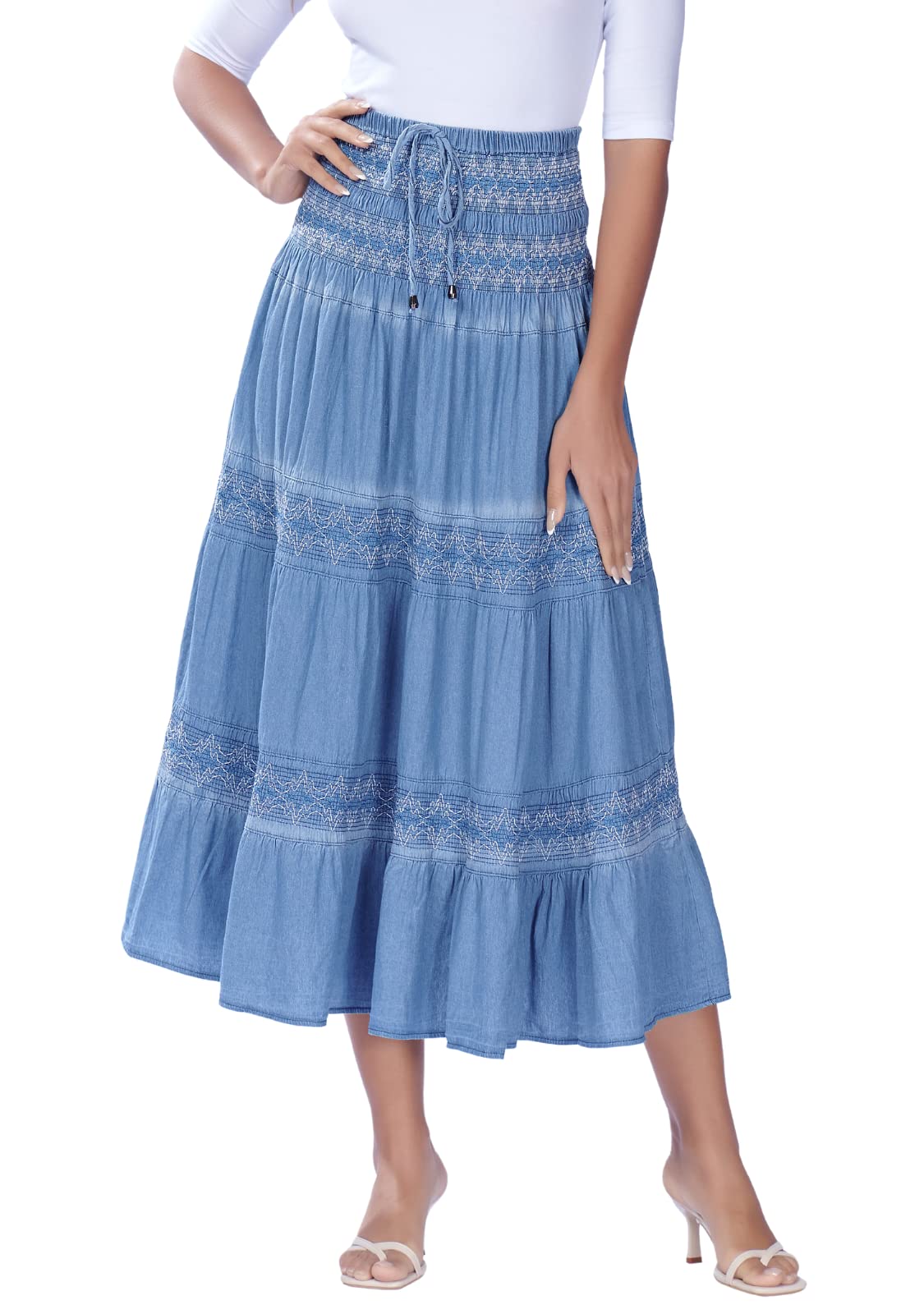 DREFBUFY Womens Denim Skirt High Waist Pleated Tiered Long Skirts Maxi Casual Style Jean Dress for Women