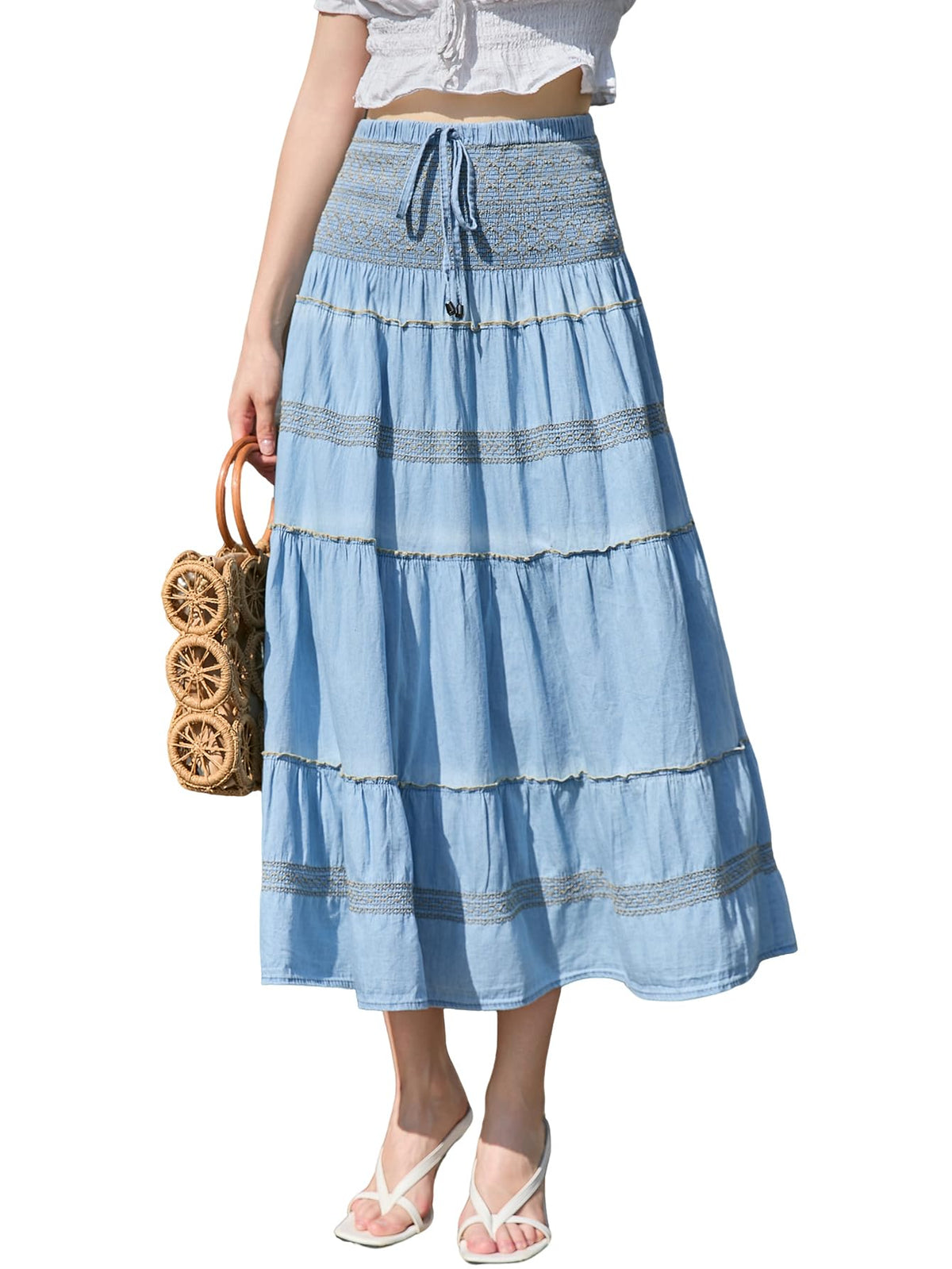 DREFBUFY Womens Denim Skirt High Waist Pleated Tiered Long Skirts Maxi Casual Style Jean Dress for Women