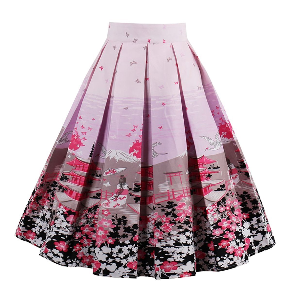OBBUE Vintage Pleated Skirt A-line Midi Skirts