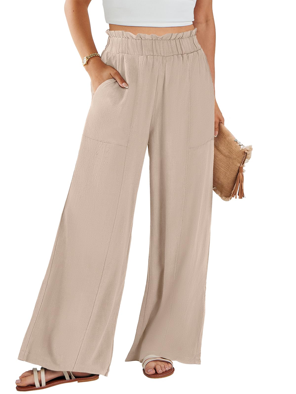 ANRABESS Womens Linen Pants 2026 Summer Casual Loose Wide Leg Palazzo Pants High Waist Flowy Beach Trousers Work Outfits