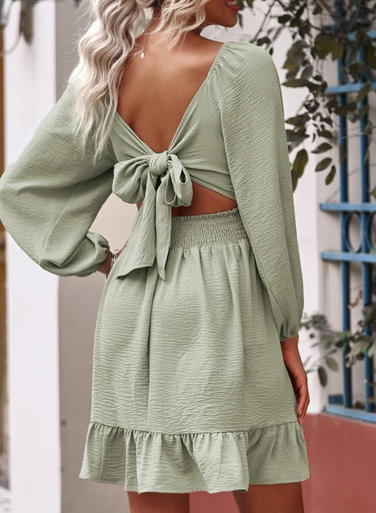 Dokotoo Womens Dress Lantern Sleeve Elastic Waist Tie Backless Mini Dress