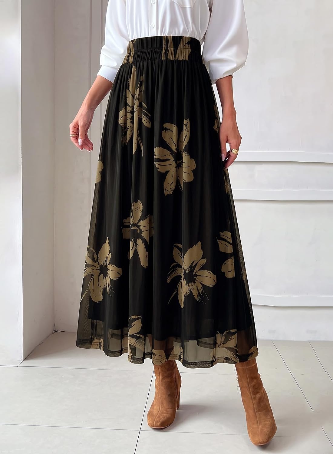 Dokotoo Fall Skirts for Women Elastic High Waist A-line Flowy Long Skirt