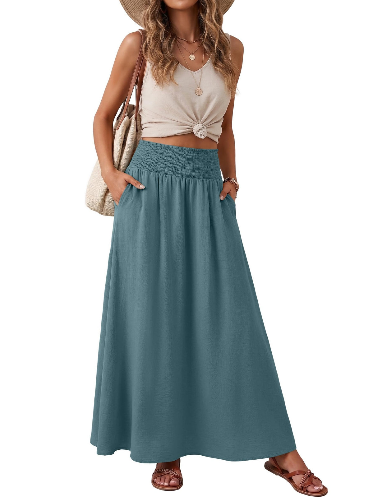 Lepunuo Maxi Skirts for Women Smocked Elastic High Waisted Casual Boho Swing Pleated Beach Long Skirts with Pockets