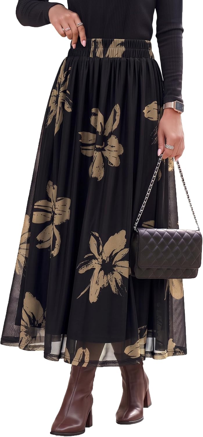 Dokotoo Fall Skirts for Women Elastic High Waist A-line Flowy Long Skirt