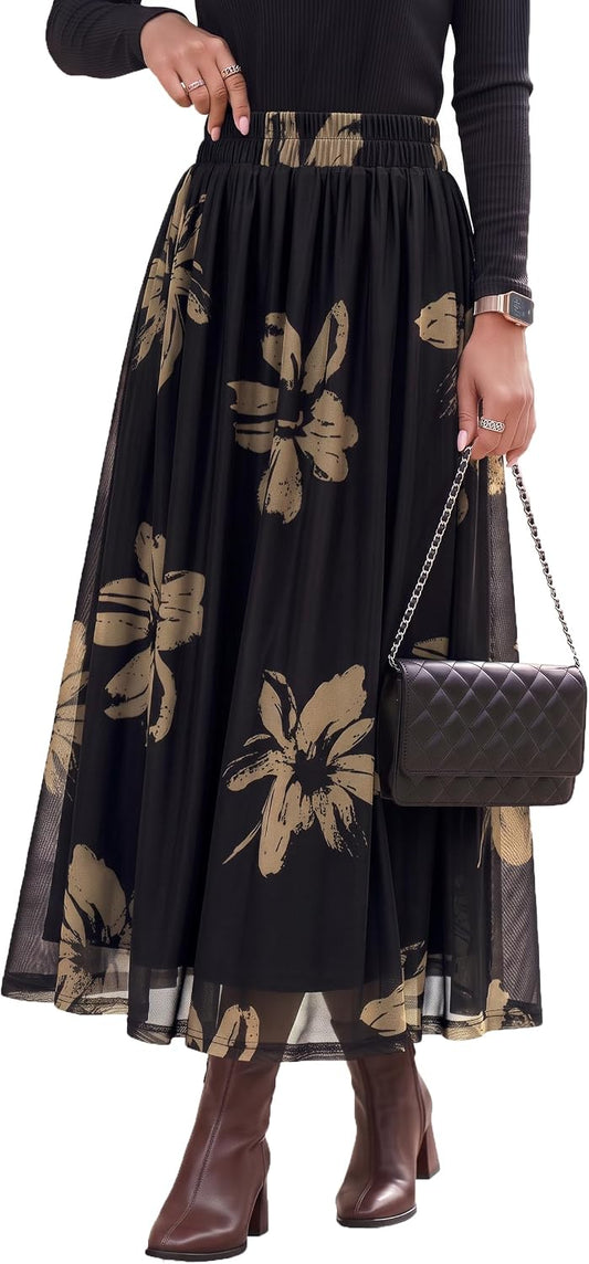 Dokotoo Fall Skirts for Women Elastic High Waist A-line Flowy Long Skirt