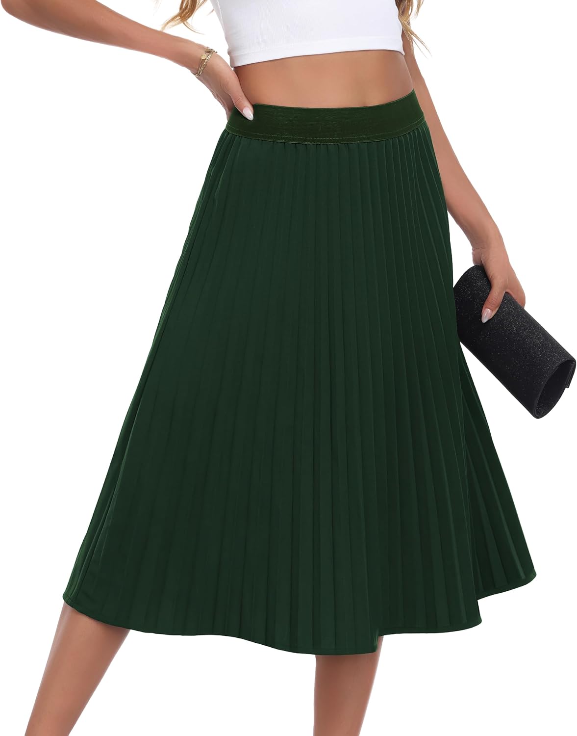 CZYINXIAN Pleated Midi Skirts for Women Elastic High Waist A-Line Skirt