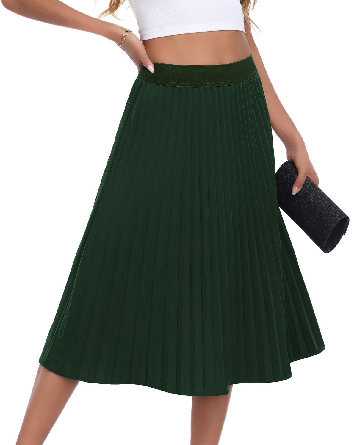 CZYINXIAN Pleated Midi Skirts for Women Elastic High Waist A-Line Skirt