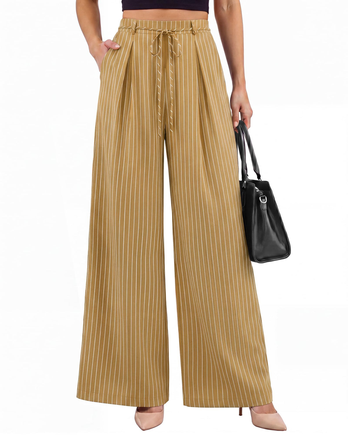 Youtalia Wide Leg Pants for Women Striped Drawstring Back Elastic Waist Trousers Casual with Pockets