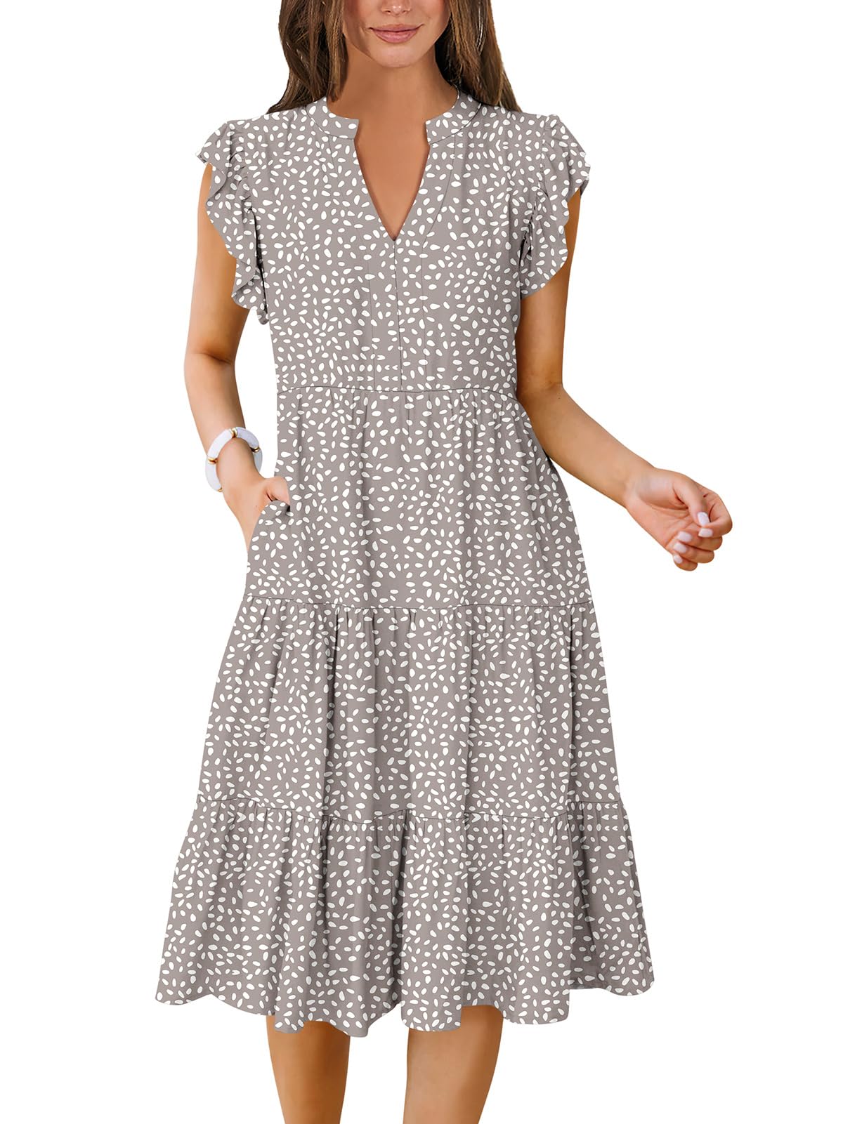 ANRABESS Womens Summer Dress Ruffle Sleeve V Neck Midi Dresses