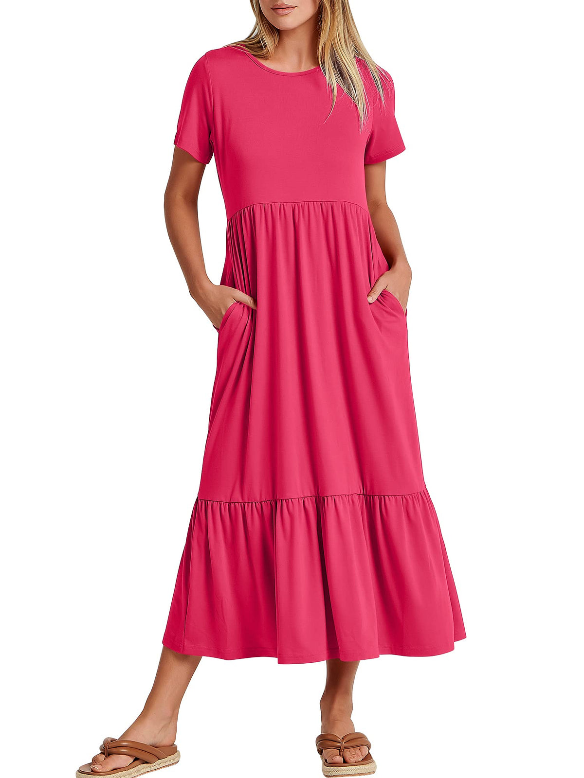 ANRABESS Womens 2026 Summer Casual Maxi Dress A line Tiered Flowy Short Sleeve Crewneck T Shirt Beach Travel Long Dresses