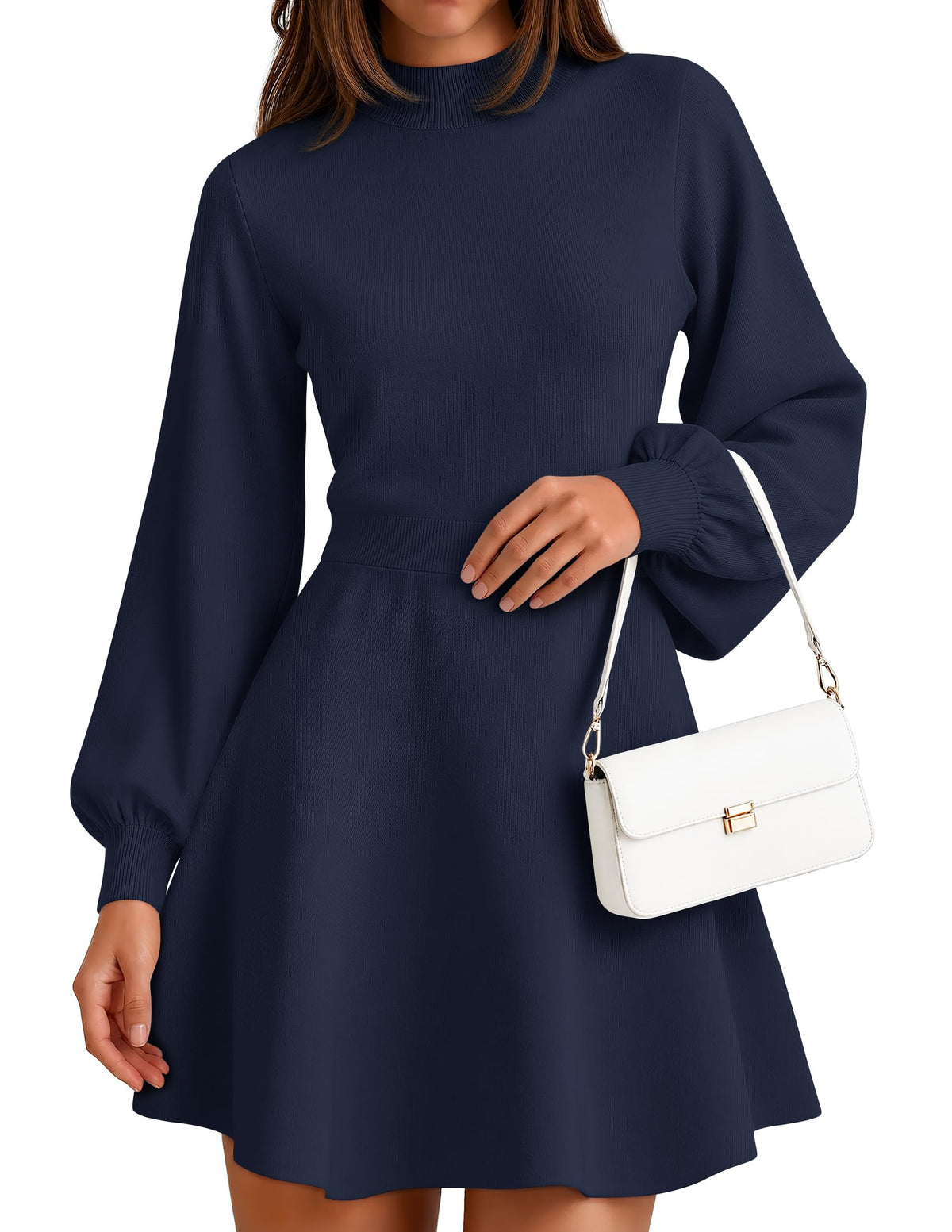 ZESICA Womens Fall Mock Neck Long Lantern Sleeve Sweater Mini Dress
