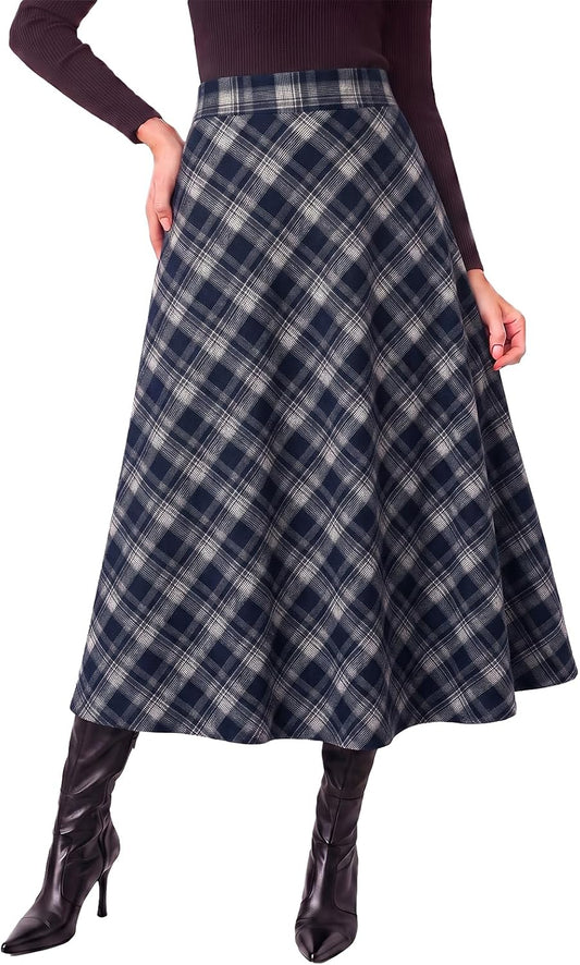 Tankaneo Womens Plaid Long Skirts Elastic Waist A-line Maxi Skirt 2026