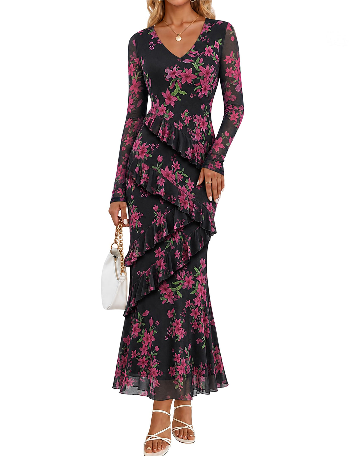 MEROKEETY Womens Fall Wedding Guest Floral Long Sleeve Bodycon Maxi Dress
