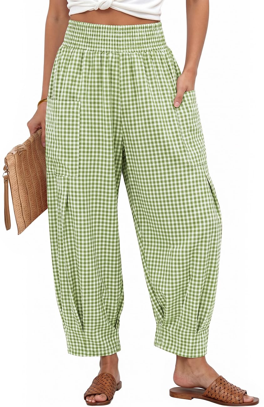 TARSE Women's Linen Gingham Pants Baggy High Waist Palazzo Pants