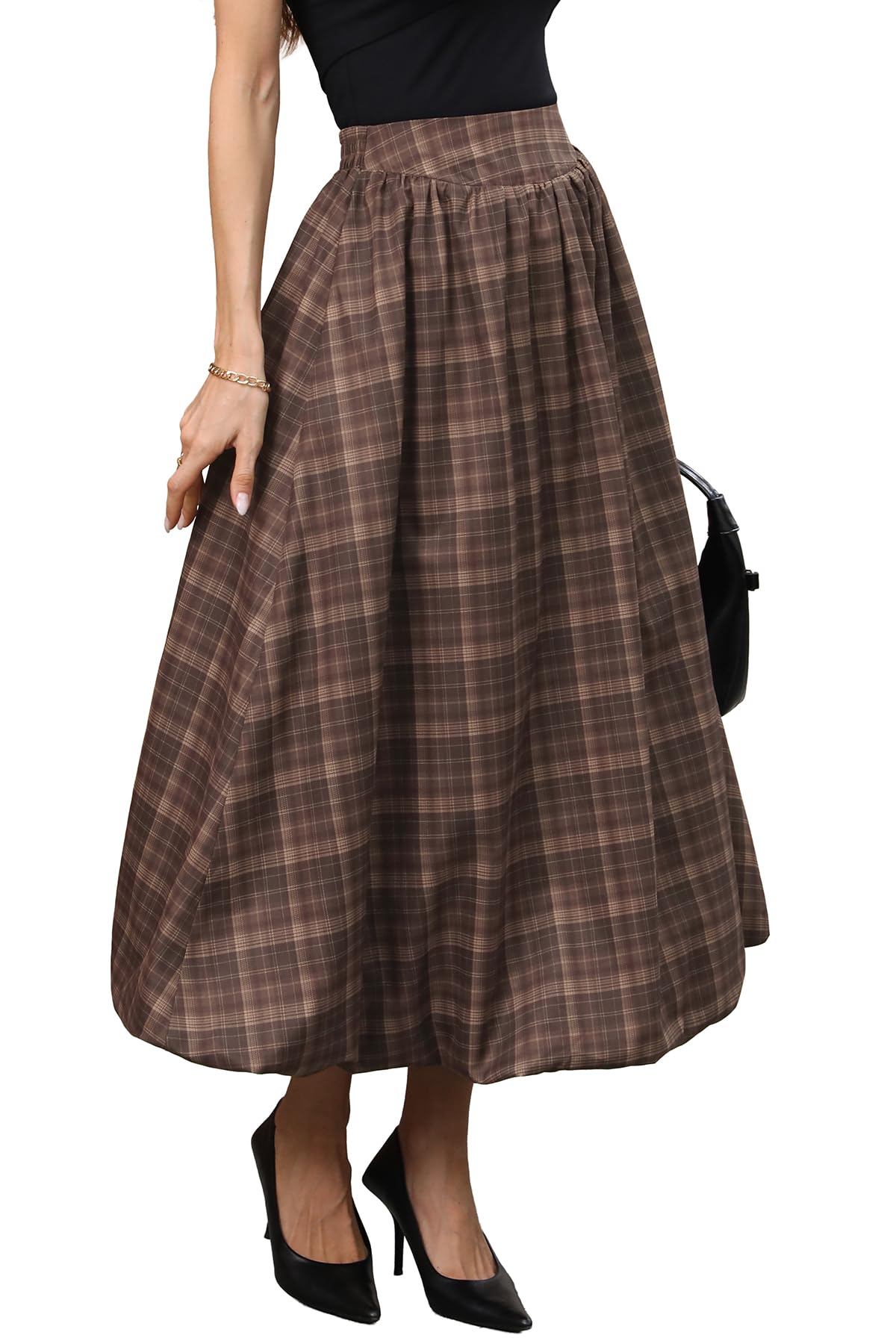 ELLEVEN Women's Bubble Maxi Skirt, Elastic Waist Puffy Hem A-Line Skirts