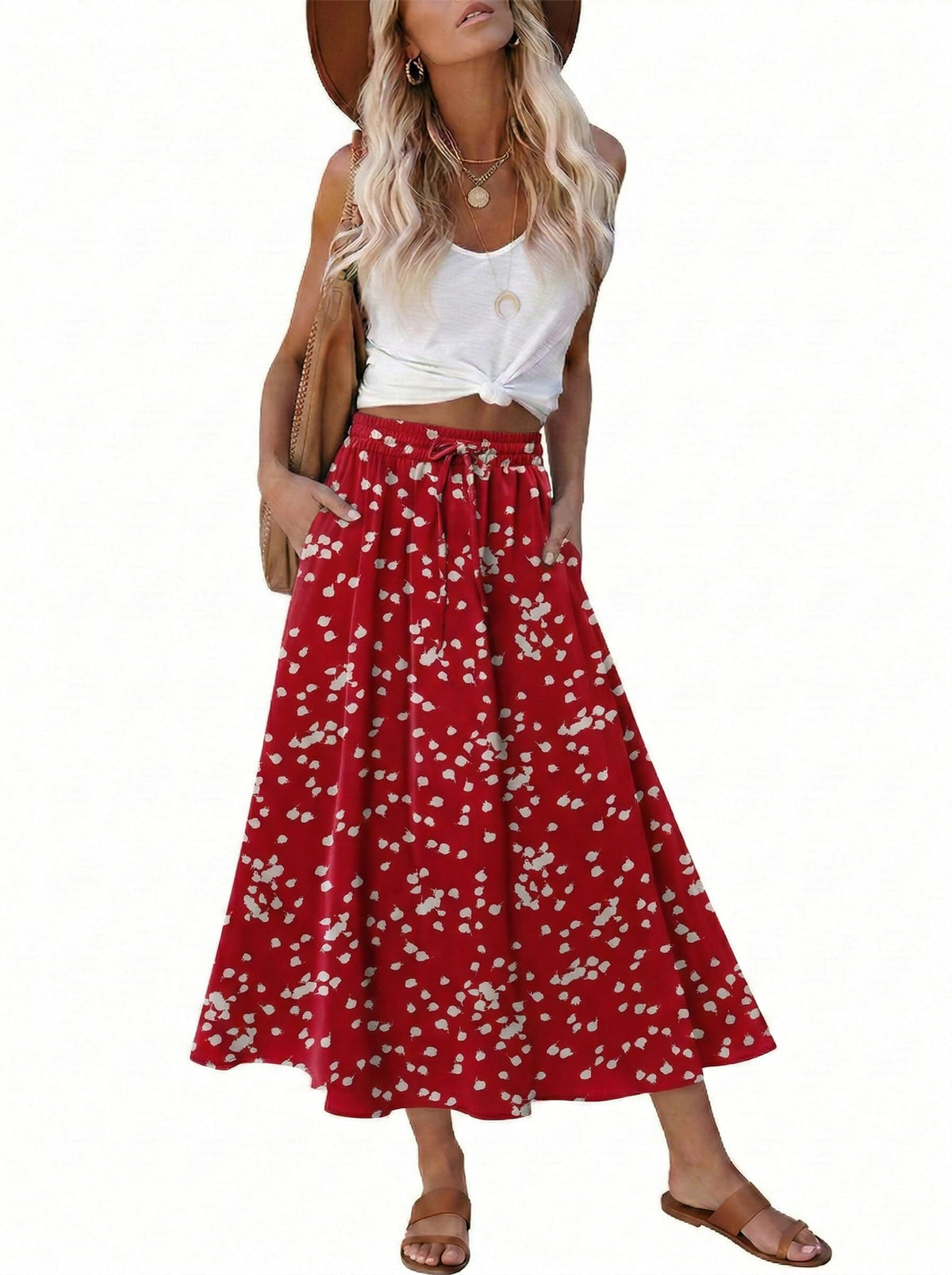 Magritta Women's Print Midi Skirt with Pocket Elastic High Waist 2026 Trendy A-Line Bohe Leopardr Swing Skirts for Women