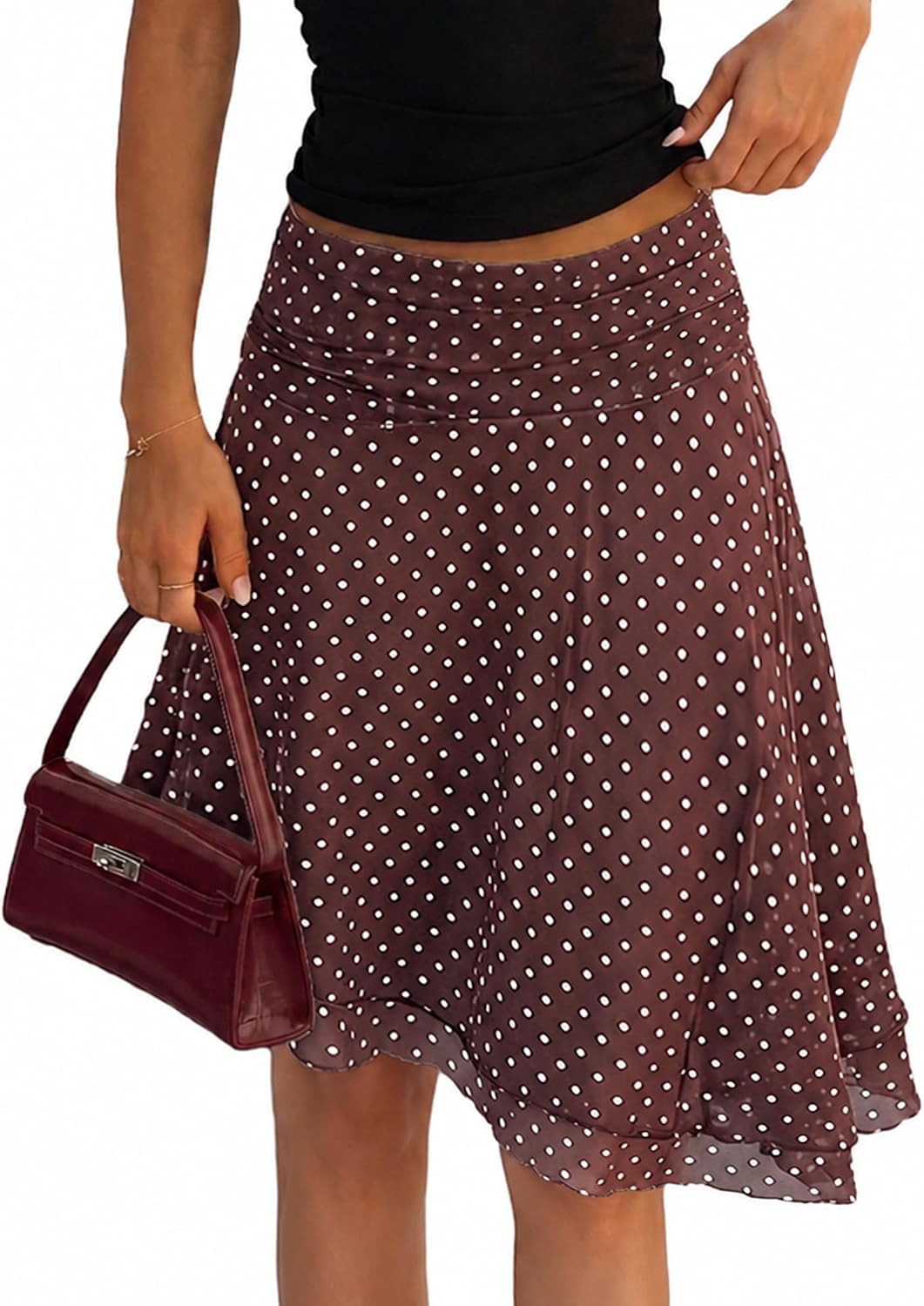 ELLEVEN Asymmetrical Polka Dot Midi Skirt, Flowy Knee Length A Line Skirt