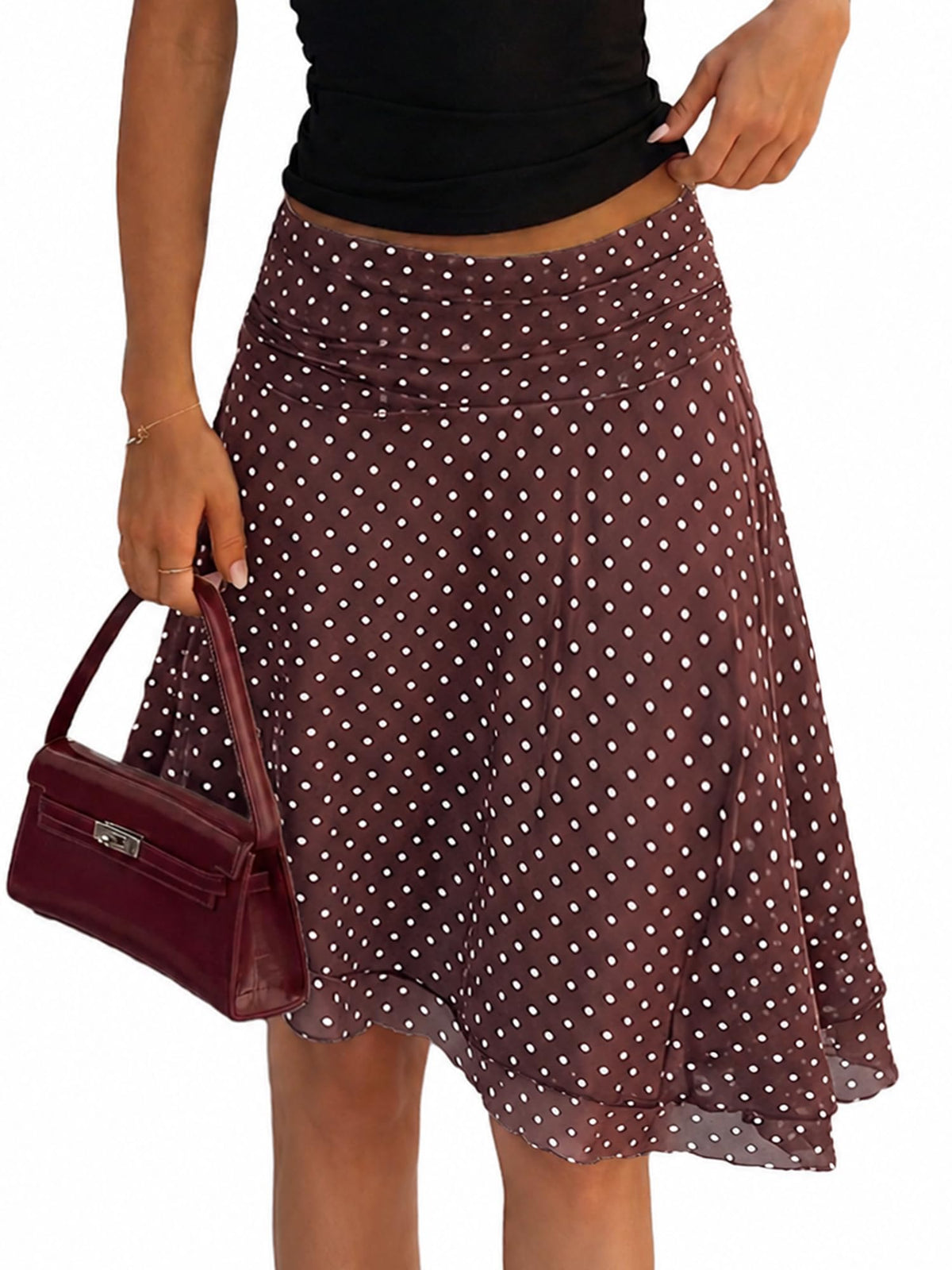 ELLEVEN Asymmetrical Polka Dot Midi Skirt, Flowy Knee Length A Line Skirt