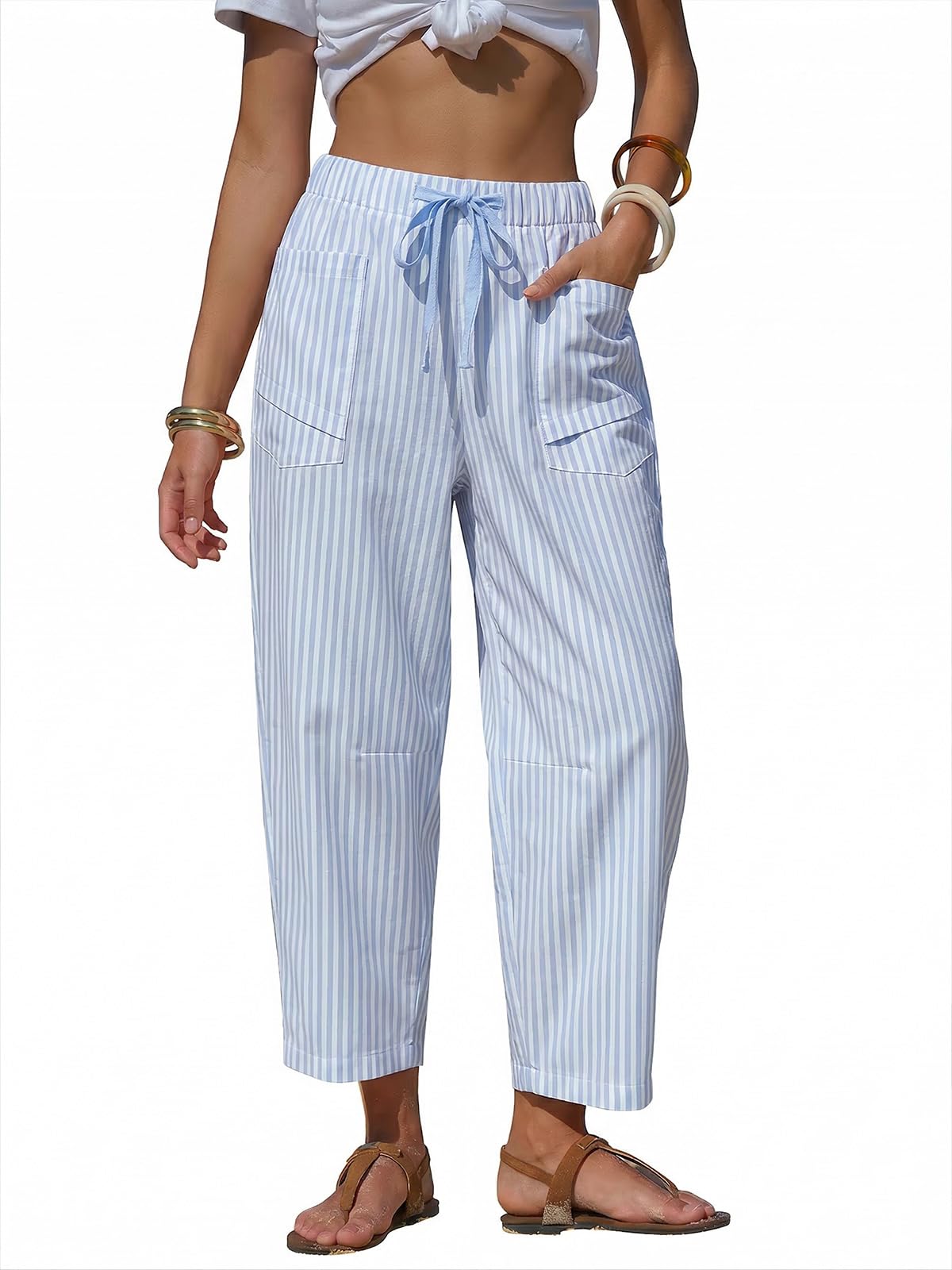 EXLURA Womens Faux Linen Striped Barrel Capri Pants Drawstring Trousers