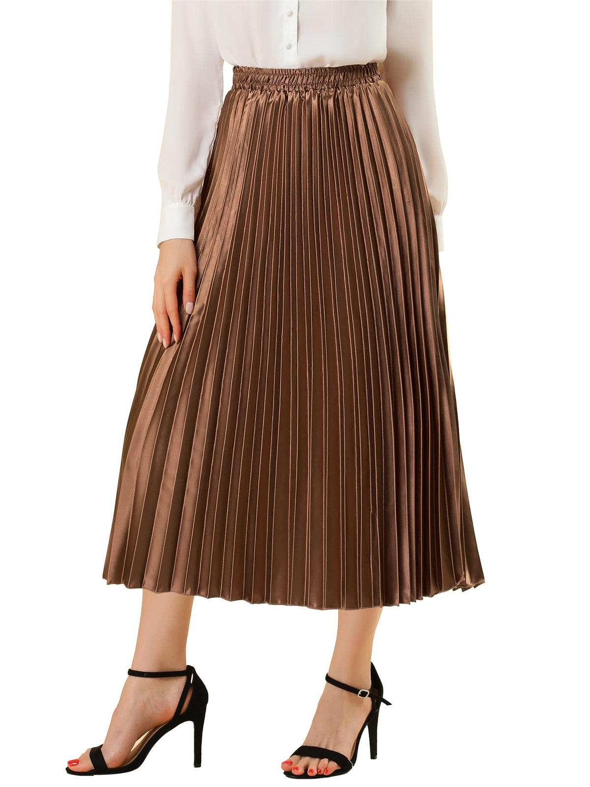 Allegra K Women Pleated Midi Skirt High Waisted Metallic Party Skirts