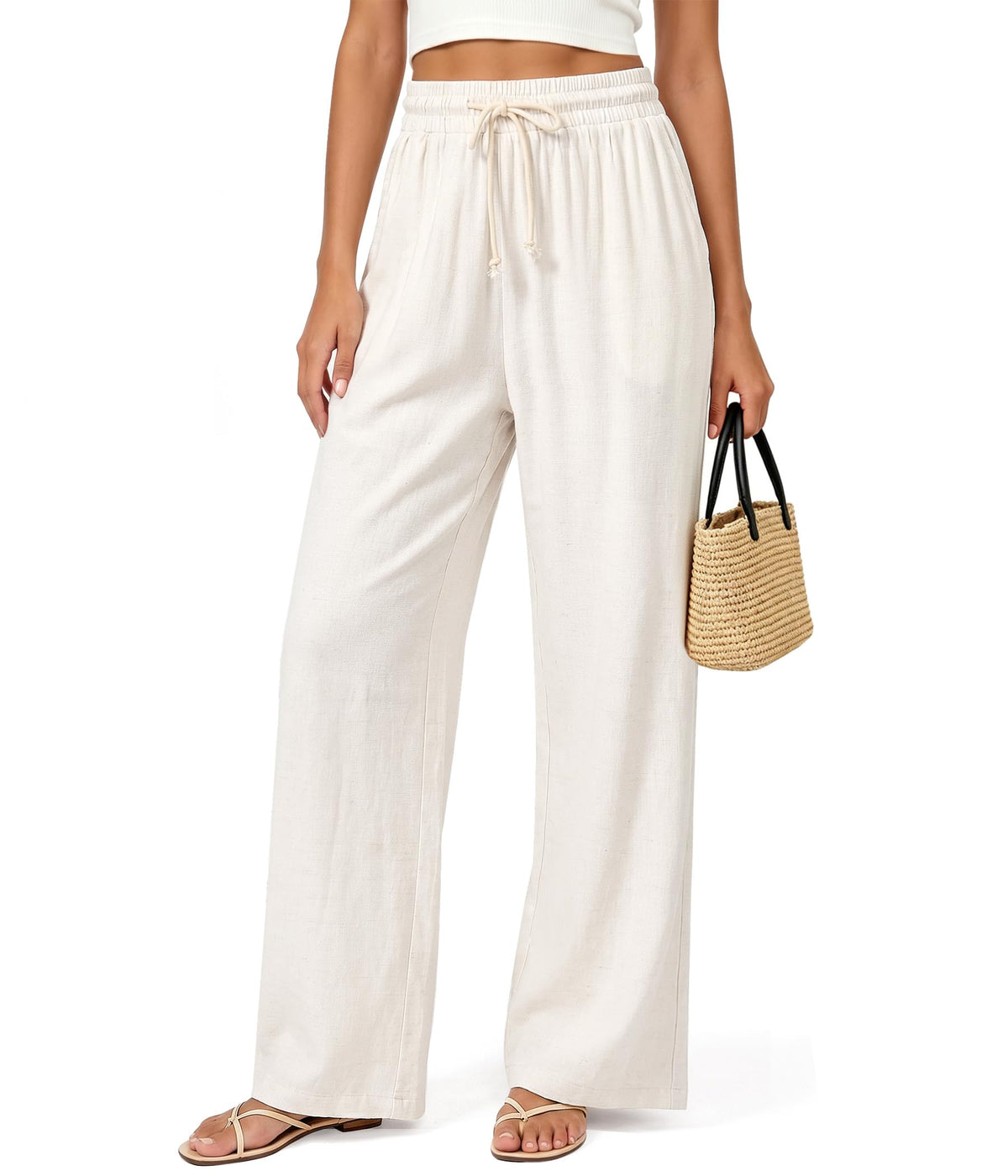 Womens Linen Pants Flowy Wide Leg Casual Drawstring Trousers with Pockets