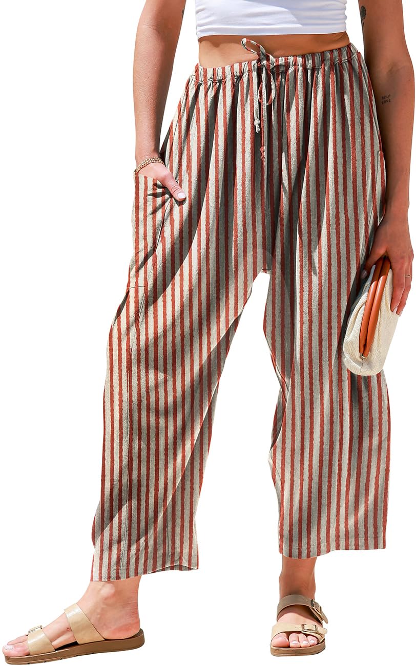 TARSE Womens Wide Leg Striped Linen Pants with Pocket