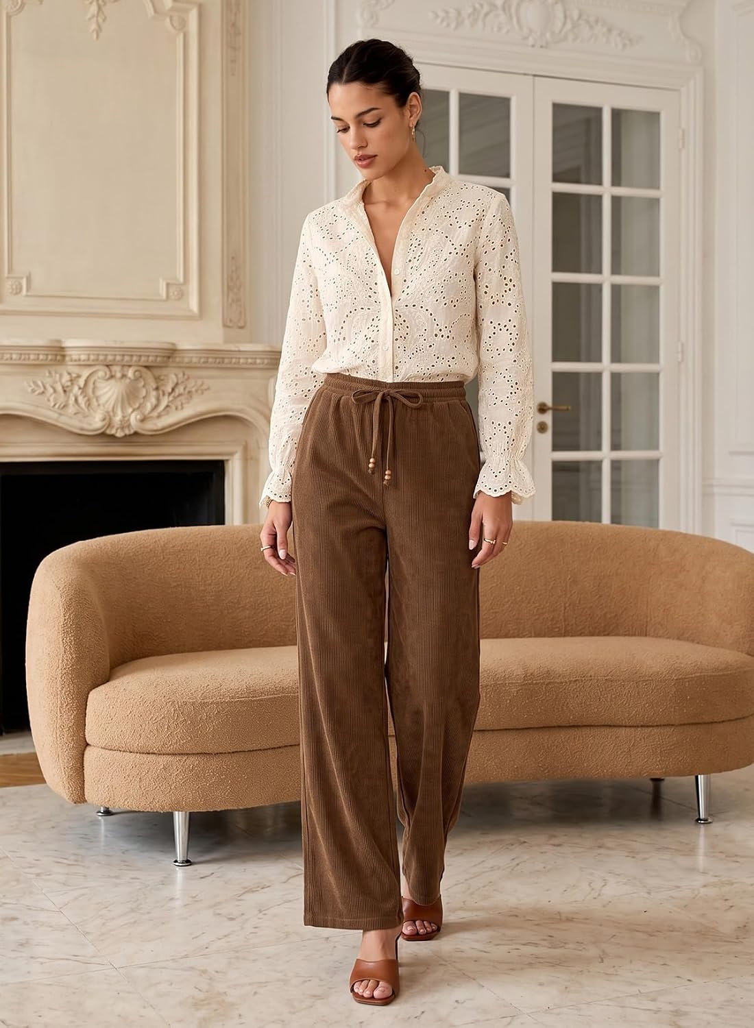 Sidefeel Womens Wide Leg Corduroy Pants High Waisted Fall Trousers