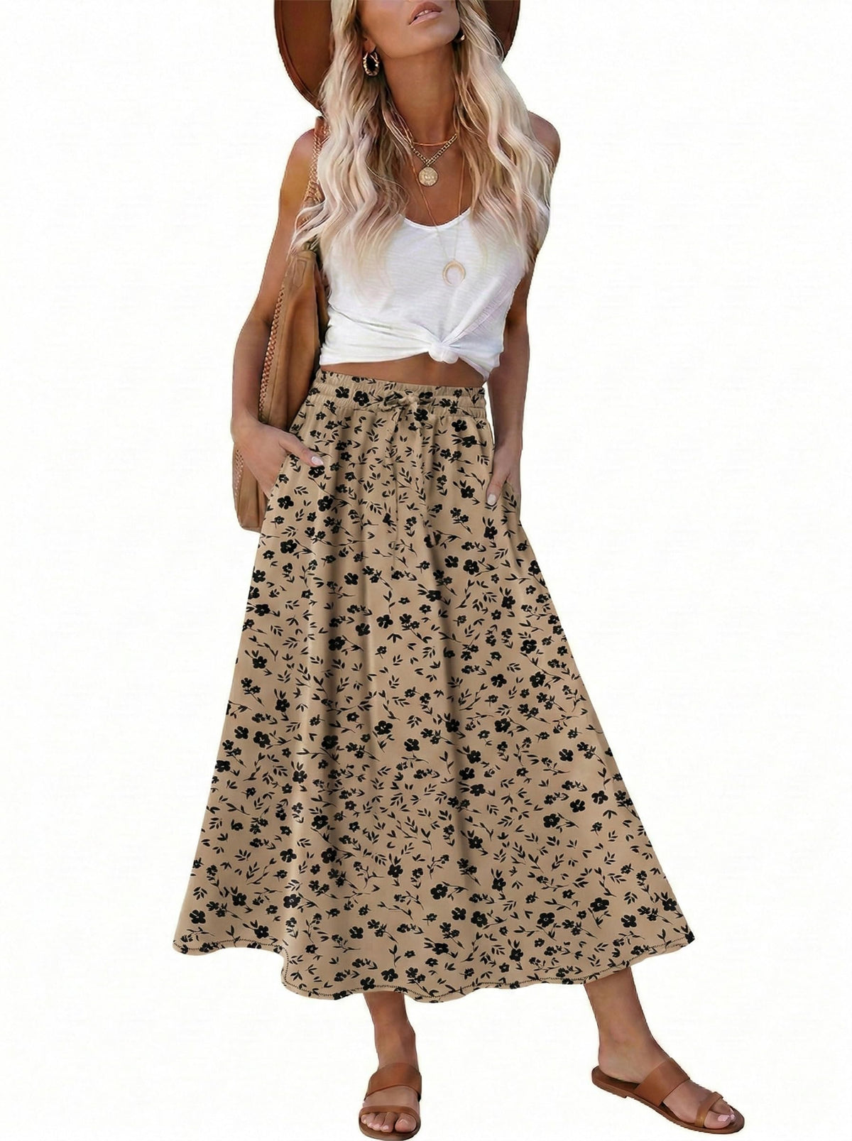 Magritta Women's Print Midi Skirt with Pocket Elastic High Waist 2026 Trendy A-Line Bohe Leopardr Swing Skirts for Women