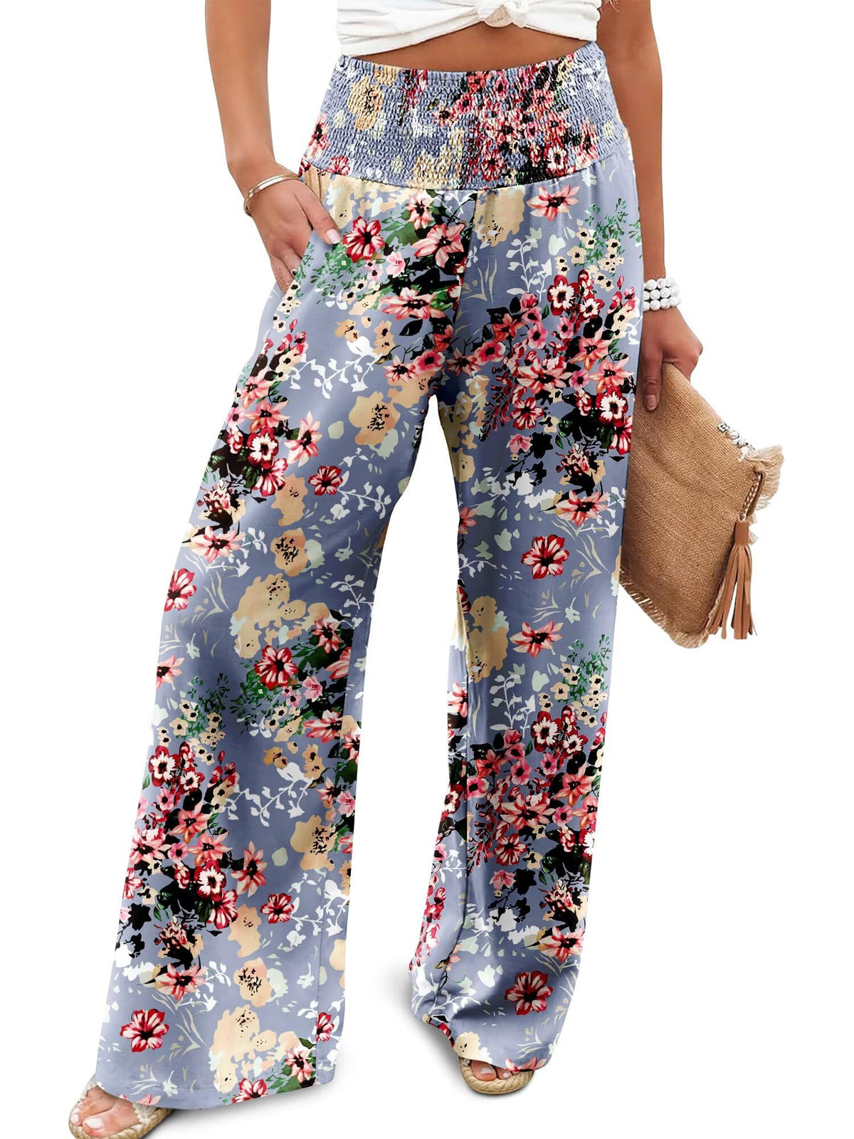 JZC Womens Wide Leg Pants Elastic High Waisted Palazzo Pants Summer Flowy Casual Trousers Beach Travel Vacation Outfits