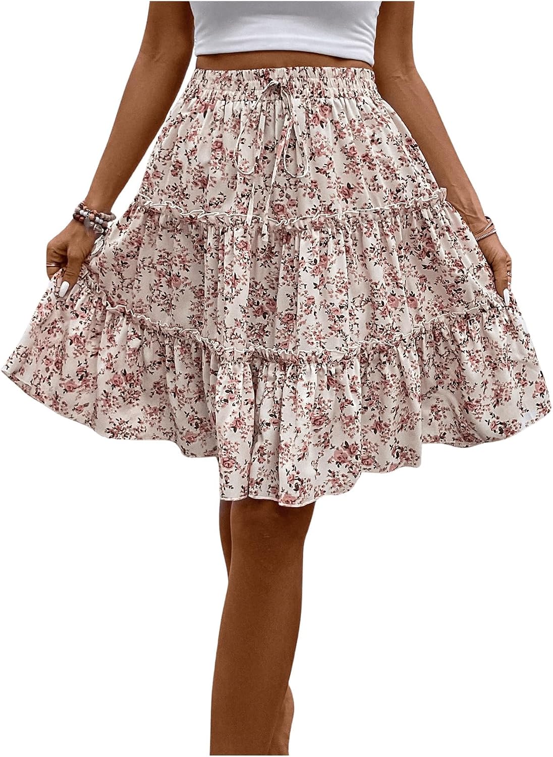WDIRARA Women's Floral Boho Ruffle Knee Length Summer Skirt